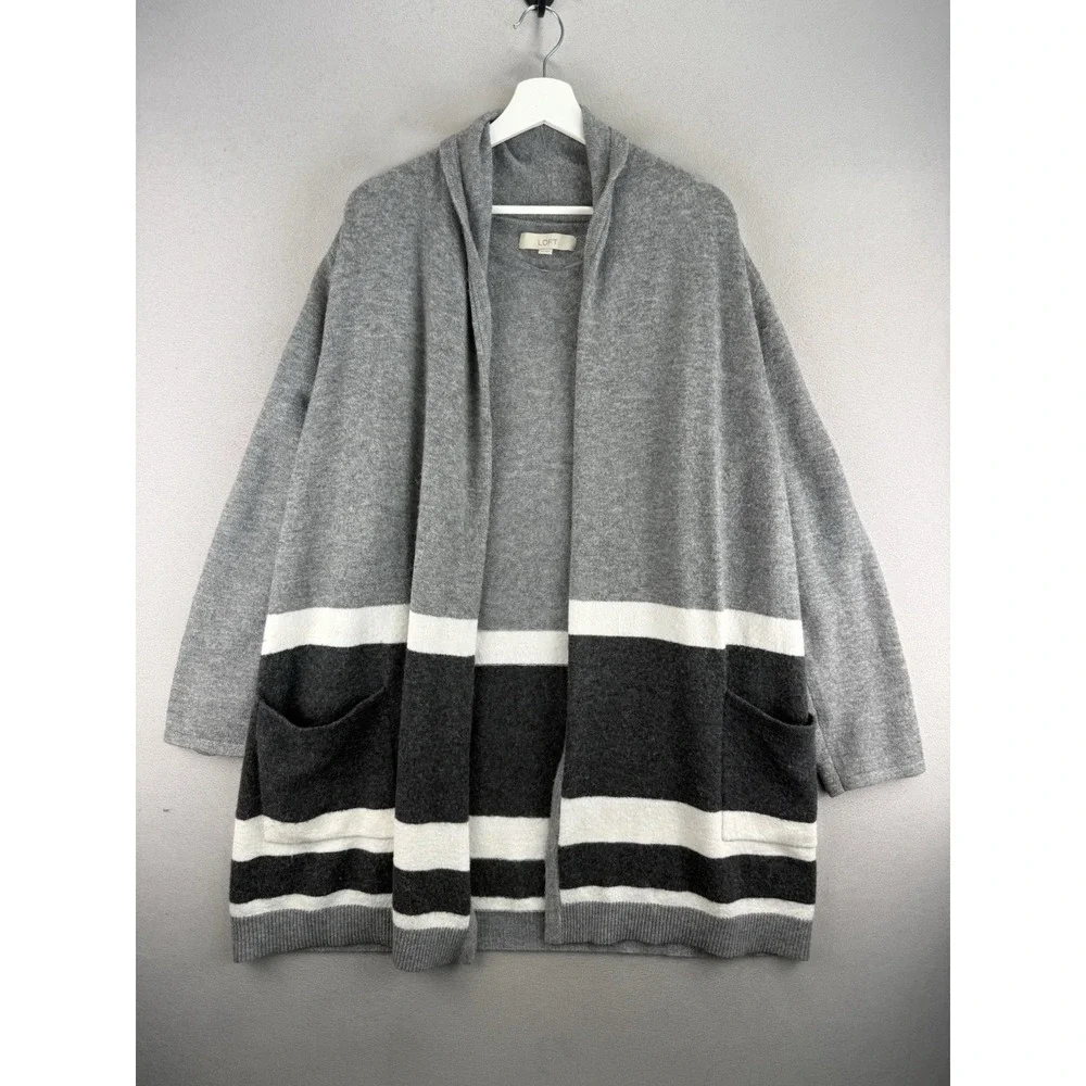 Loft Women's XL Colorblock Striped Front Pockets Nylon Wool Blend Open‎ cardigan